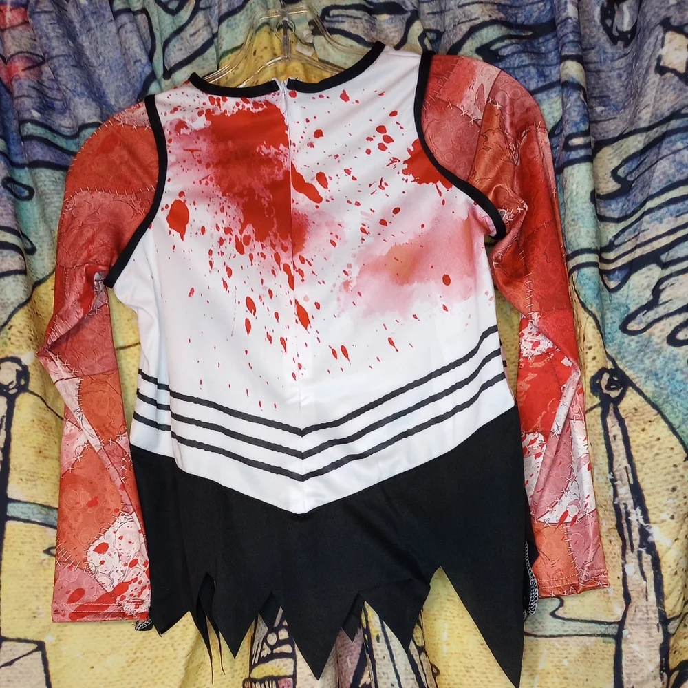 NIP Girls Zombie Death Cheerleader Costume Top Skirt Pom Poms Rotting Tights L